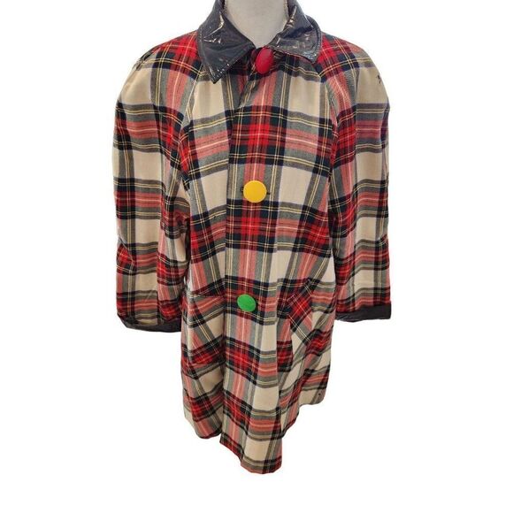 Vintage Mod Red White Plaid Reversible Patent Vinyl Raincoat Wool Swing Coat - Picture 1 of 13